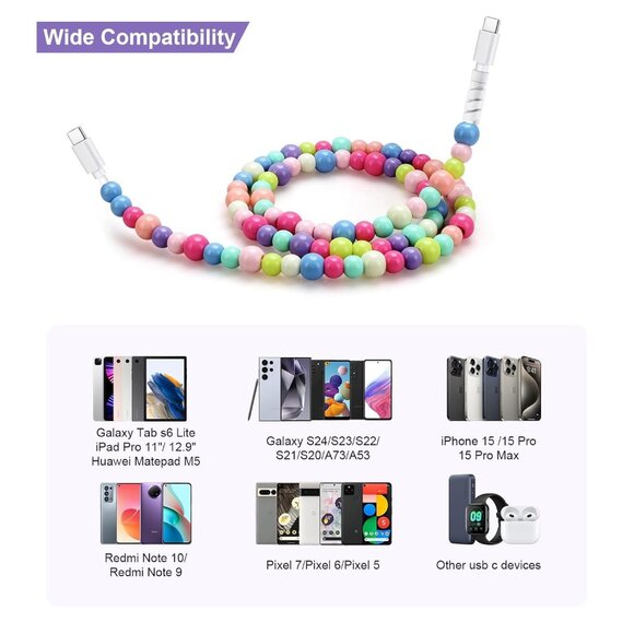 NWT Cute pastel beaded USBC - USBC Fast Charging Cable Iphone/Samsung galaxy 3ft - Picture 3 of 6